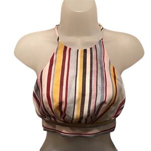 Aqua Halter Top Crop Multi Color Tie Back Stripe Adjustable Straps Beach Sz XS